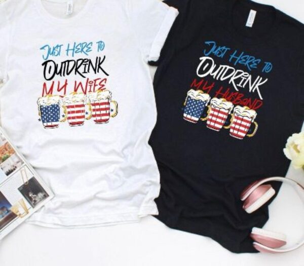 Outdrink My Spouse Humorous 4th of July Matching Outfits, Comical Couple's Set - Image 4