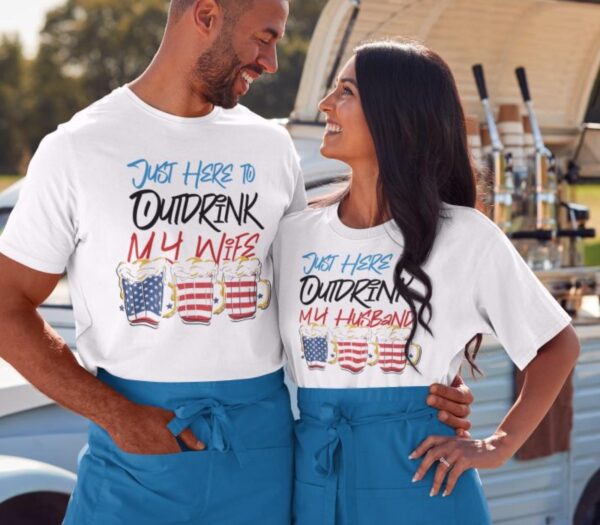 Outdrink My Spouse Humorous 4th of July Matching Outfits, Comical Couple's Set