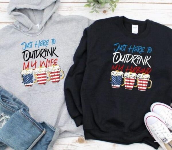 Outdrink My Spouse Humorous 4th of July Matching Outfits, Comical Couple's Set - Image 2