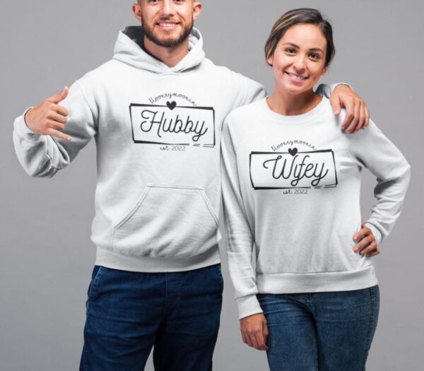 Charming Honeymoon Hubby & Wifey Custom Date Matching Outfits | Just Married & Engaged Duo Sets