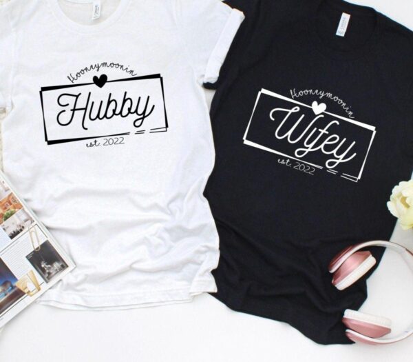 Charming Honeymoon Hubby & Wifey Custom Date Matching Outfits | Just Married & Engaged Duo Sets - Image 4