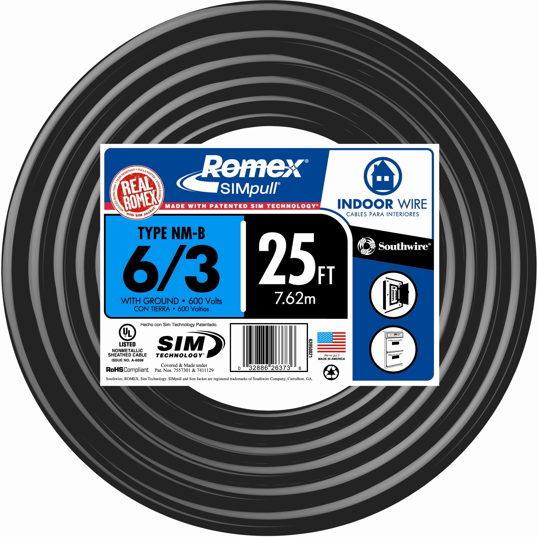 Southwire 25-Feet 6 / 3 / Romex SIMpull Stranded Indoor CU NM-B W/G Individual pack ( By-the-roll )