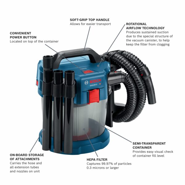 Bosch 2.6000-Gallons 7 HP Cordless Wet/Dry Shop Vacuum (Battery Not Included) - Image 2