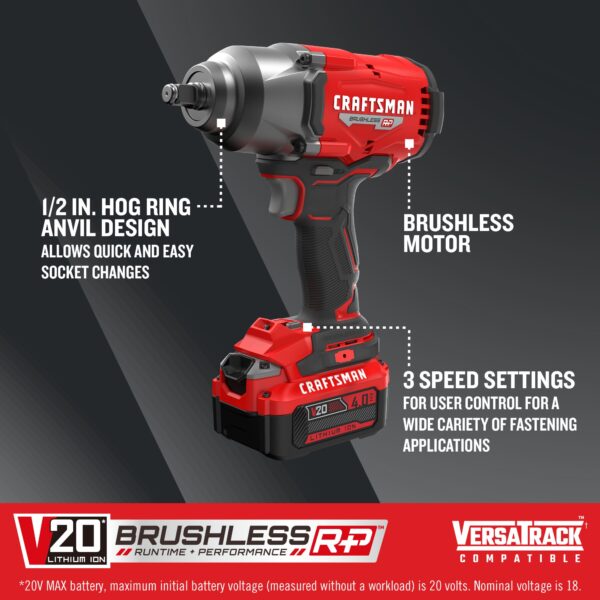 CRAFTSMAN V20 RP 20-volt Max Variable Speed Brushless 1/2-in Drive Cordless Impact Wrench ( Battery Included ) - Image 4