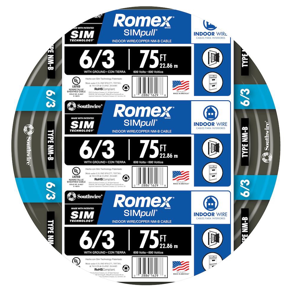 Southwire 75-Feet 6 / 3 / Romex SIMpull Stranded Indoor CU NM-B W/G Individual pack ( By-the-roll )
