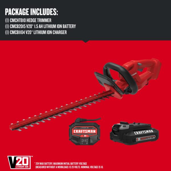 CRAFTSMAN V20 20-volt Max 20-in Battery Hedge Trimmer 1.5 Ah (Battery and Charger Included) - Image 3