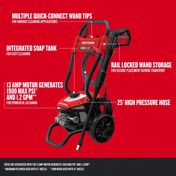 CRAFTSMAN 1900 PSI 1.2-GPM Cold Water Electric Pressure Washer with 3 Spray Tips - Image 3