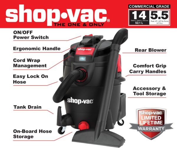 Shop-Vac 14-Gallons 5.5 HP Corded Wet/Dry Shop Vacuum with Accessories Included (corded) - Image 6