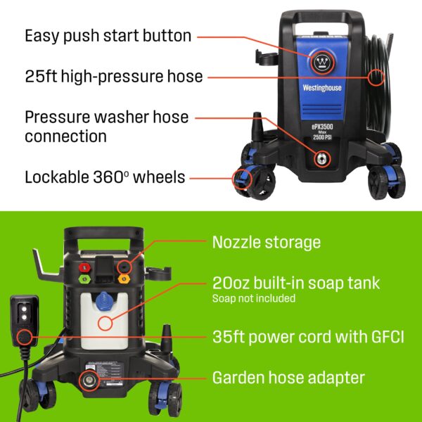 Westinghouse ePX3500 Includes 4 Nozzles + Turbo Nozzle 2500 PSI 1.76-GPM Cold Water Electric Pressure Washer with 5 Spray Tips - Image 4