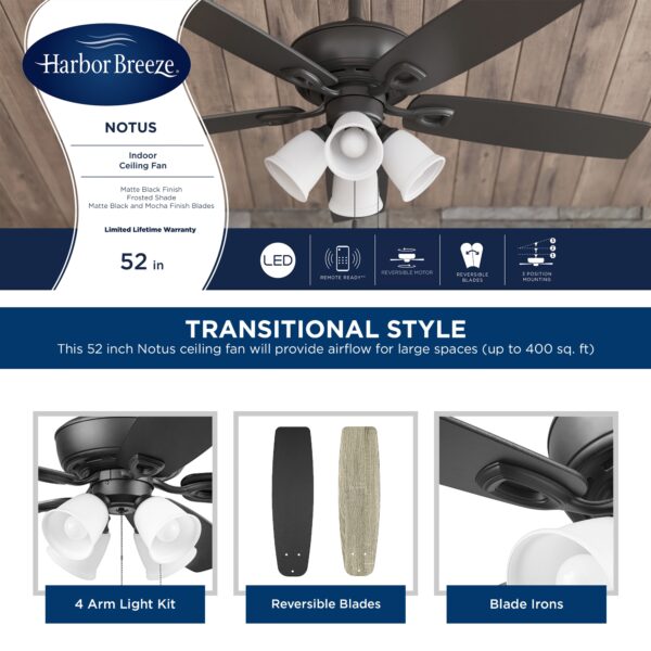 Harbor Breeze Notus 52-Inches Matte Black with Matte black/rough pine Blades Indoor Downrod mount Standard Ceiling Fan With Light ( 5 -Blade) - Image 3