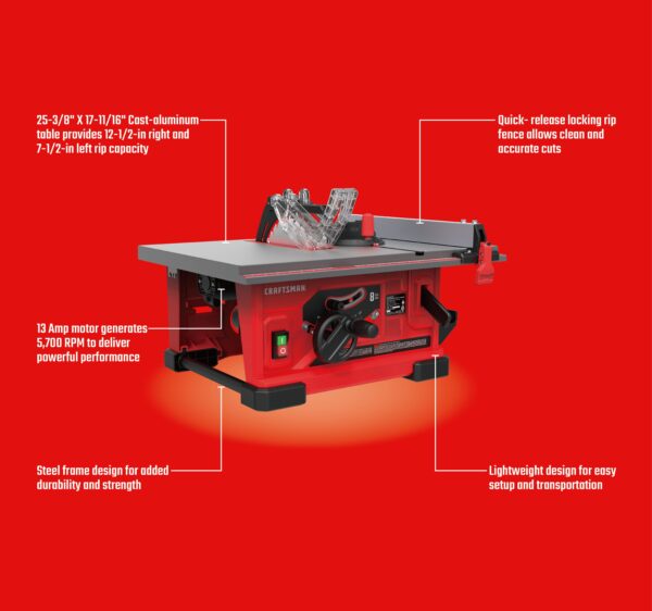 CRAFTSMAN 8.25-in 13.0 -Amp 120.0 -Volt Portable Benchtop Table Saw - Image 5
