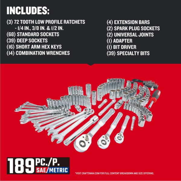 CRAFTSMAN 189 -Piece Standard (SAE) and Metric Polished chrome Mechanics Tool Set with Hard Case - Image 3