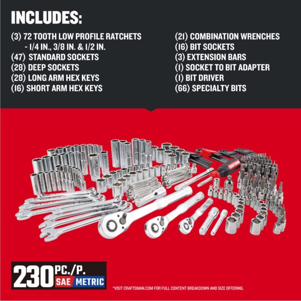 CRAFTSMAN VERSASTACK 230 -Piece Standard (SAE) and Metric Polished chrome Mechanics Tool Set with Hard Case - Image 2