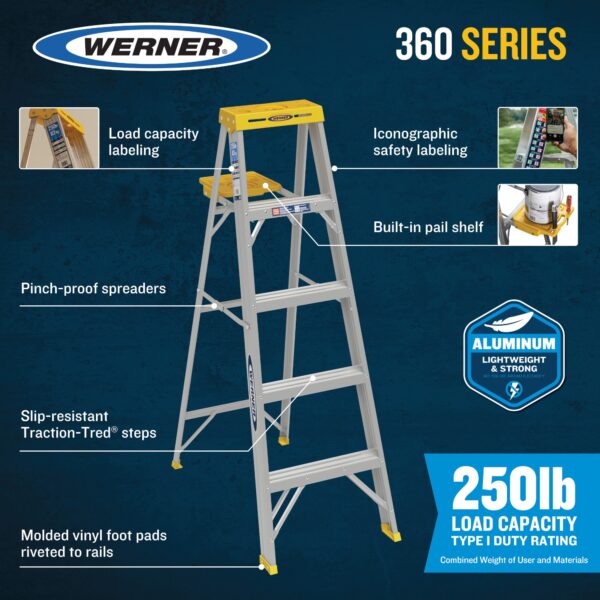 Werner 360 8-ft ( 12-ft Reach Height ) Aluminum Type 1 - 250 lbs. Load Capacity Step ladder - Image 5