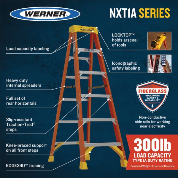 Werner NXT1A 8-Feet ( 12 Reach Height ) Fiberglass Type 1A - 300 lbs. Load Capacity Step ladder - Image 9