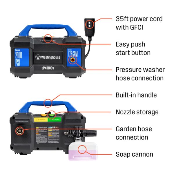 Westinghouse ePX3100v Compact, Box Style with Turbo Nozzle 2100 PSI 1.76-GPM Cold Water Electric Pressure Washer with 3 Spray Tips - Image 4