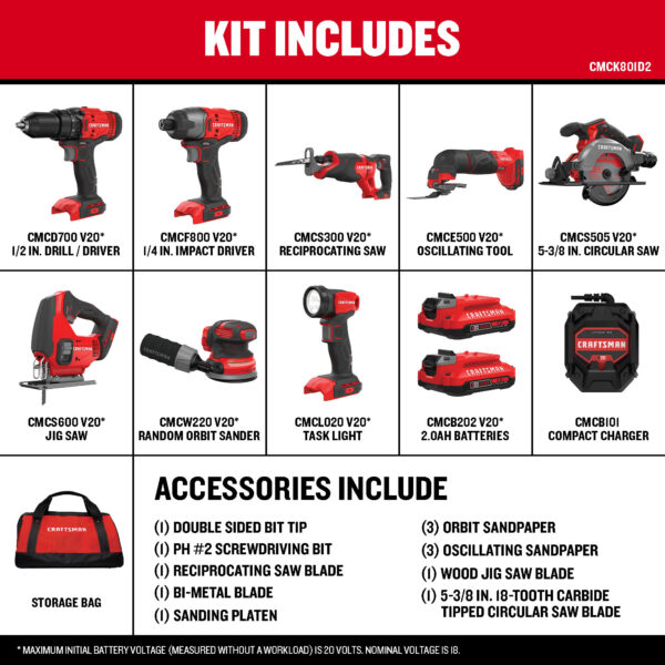 CRAFTSMAN V20 20-volt Max 8-Tool Power Tool Combo Kit with Soft Case (2-Batteries Included and Charger Included) - Image 2
