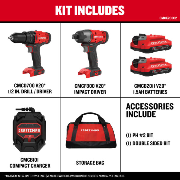 CRAFTSMAN V20 20-volt Max 2-Tool Power Tool Combo Kit with Soft Case (2-Batteries and Charger Included) - Image 3
