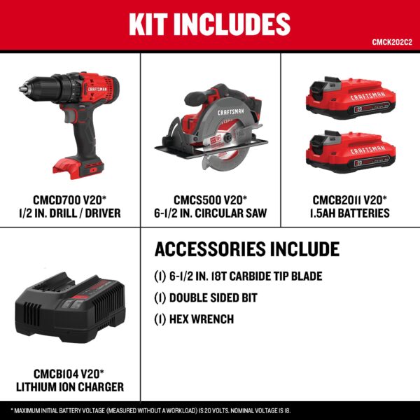 CRAFTSMAN V20 20-volt Max 2-Tool Power Tool Combo Kit (2-Batteries and Charger Included) - Image 2