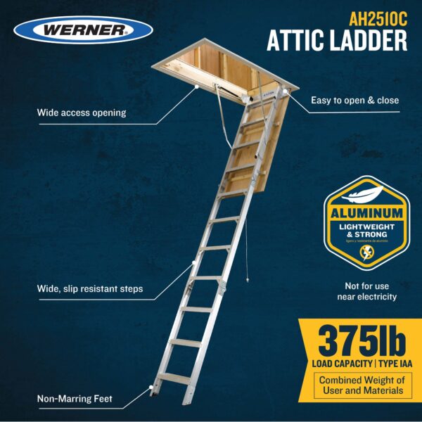 Werner Aluminum Folding Attic Ladder 8-Feet to 10-Feet (Rough Opening: 25-Inches x 54-Inches ) with 375-lbs. Capacity - Image 10
