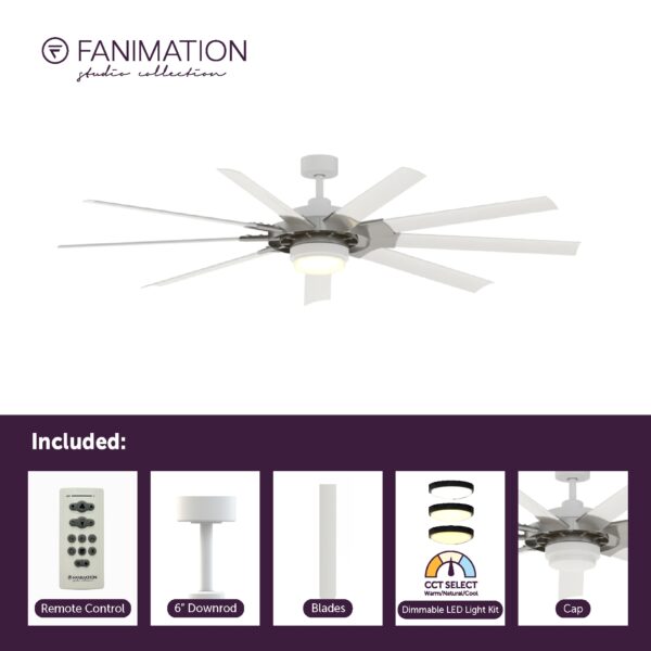 Fanimation Studio Collection Slinger v2 72-Inches Brushed Nickel and White with White Blades Color-Changing Integrated LED Fixture Indoor/Outdoor Downrod mount Standard Ceiling Fan With Light and Remote ( 9 -Blade) - Image 7