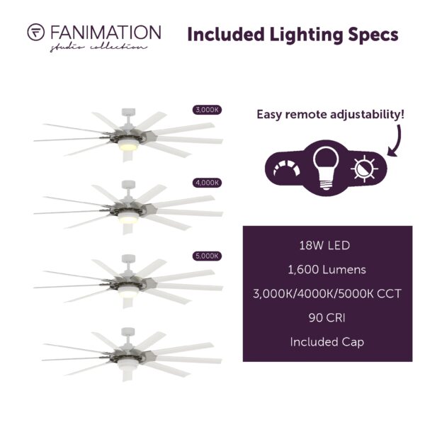 Fanimation Studio Collection Slinger v2 72-Inches Brushed Nickel and White with White Blades Color-Changing Integrated LED Fixture Indoor/Outdoor Downrod mount Standard Ceiling Fan With Light and Remote ( 9 -Blade) - Image 10