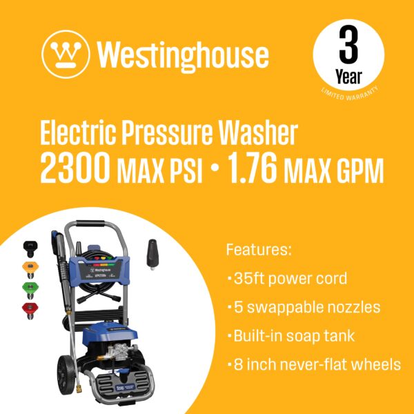 Westinghouse WPX2300e 2300 PSI 1.76-GPM Cold Water Electric Pressure Washer with 5 Spray Tips - Image 3