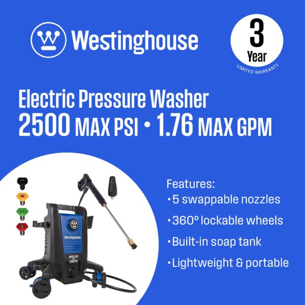 Westinghouse ePX3500 Includes 4 Nozzles + Turbo Nozzle 2500 PSI 1.76-GPM Cold Water Electric Pressure Washer with 5 Spray Tips - Image 3