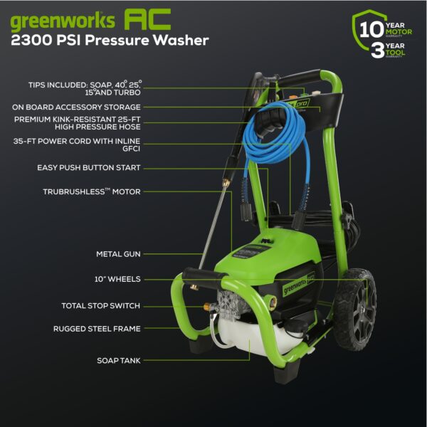 Greenworks Pro 2300 PSI 1.2-GPM Cold Water Electric Pressure Washer with 5 Spray Tips - Image 3