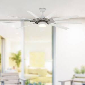 Fanimation Studio Collection Slinger v2 72-Inches Brushed Nickel and White with White Blades Color-Changing Integrated LED Fixture Indoor/Outdoor Downrod mount Standard Ceiling Fan With Light and Remote ( 9 -Blade)