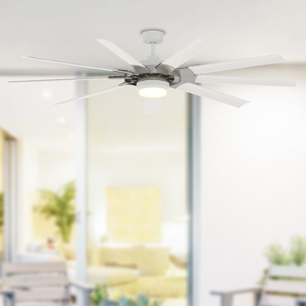 Fanimation Studio Collection Slinger v2 72-Inches Brushed Nickel and White with White Blades Color-Changing Integrated LED Fixture Indoor/Outdoor Downrod mount Standard Ceiling Fan With Light and Remote ( 9 -Blade)