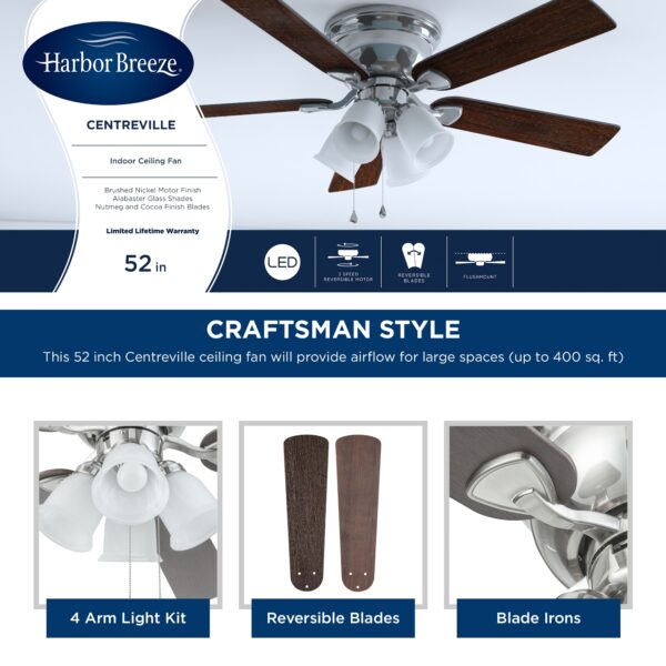 Harbor Breeze Centreville 52-Inches Brushed Nickel with Nutmeg/Cocoa Blades Indoor Flush mount Standard Ceiling Fan With Light ( 5 -Blade) - Image 5