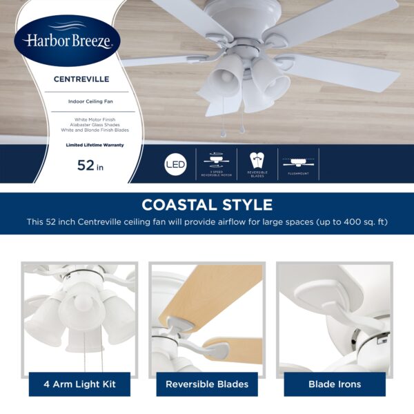 Harbor Breeze Centreville 52-Inches White with White/blonde Blades Indoor Flush mount Standard Ceiling Fan With Light ( 5 -Blade) - Image 5