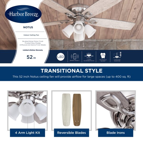 Harbor Breeze Notus 52-Inches Brushed Nickel with Driftwood/Sienna Blades Indoor Downrod mount Standard Ceiling Fan With Light ( 5 -Blade) - Image 5