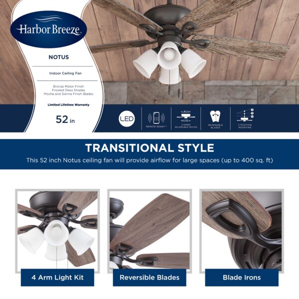 Harbor Breeze Notus 52-Inches Bronze with Mocha/Sienna Blades Indoor Downrod mount Standard Ceiling Fan With Light ( 5 -Blade) - Image 5
