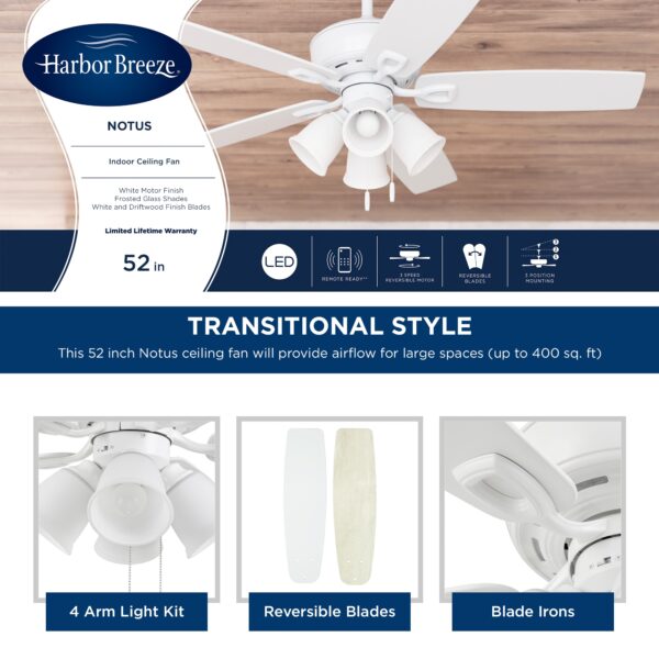 Harbor Breeze Notus 52-Inches White with White/driftwood Blades Indoor Downrod mount Standard Ceiling Fan With Light ( 5 -Blade) - Image 5