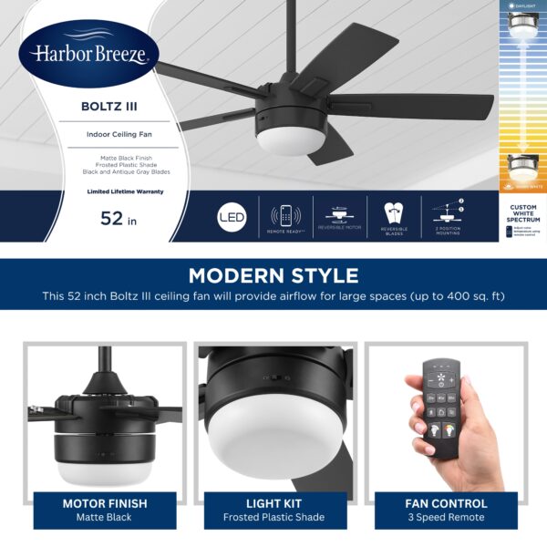 Harbor Breeze Boltz III Easy2Hang 52-Inches Matte Black with Black Blades Color-Changing Integrated LED Fixture Indoor Downrod mount Standard Ceiling Fan With Light and Remote ( 5 -Blade) - Image 4