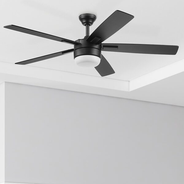 Harbor Breeze Boltz III Easy2Hang 52-Inches Matte Black with Black Blades Color-Changing Integrated LED Fixture Indoor Downrod mount Standard Ceiling Fan With Light and Remote ( 5 -Blade)