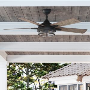 Harbor Breeze Summersville 52-Inches Textured Black with Driftwood/Auburn Blades Indoor/Outdoor Downrod mount Standard Ceiling Fan With Light and Remote ( 5 -Blade)