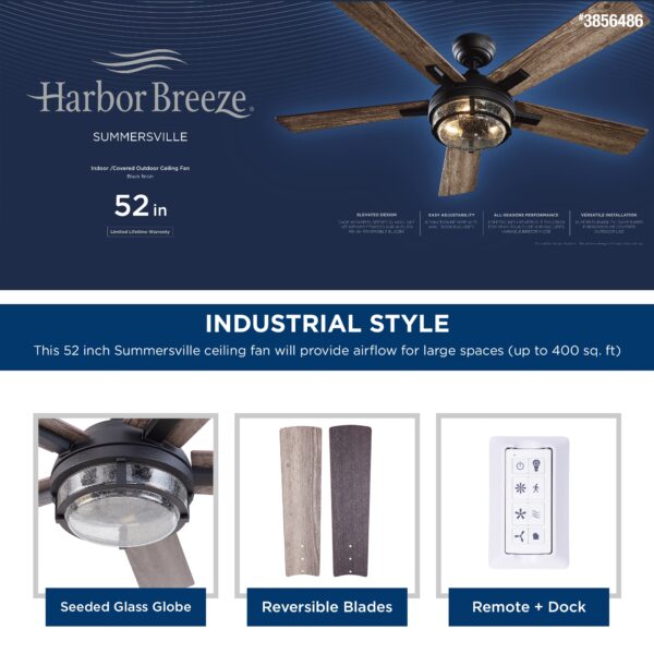 Harbor Breeze Summersville 52-Inches Textured Black with Driftwood/Auburn Blades Indoor/Outdoor Downrod mount Standard Ceiling Fan With Light and Remote ( 5 -Blade) - Image 5