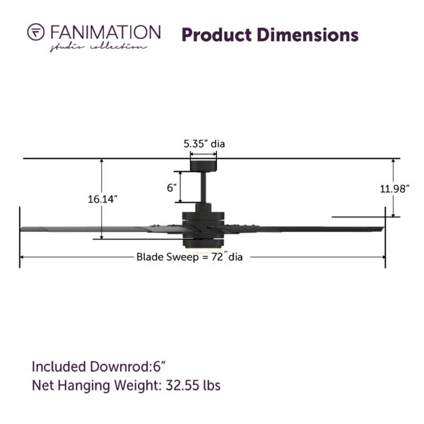 Fanimation Studio Collection Slinger v2 72-in Matte Black with Black Blades Color-Changing Integrated LED Fixture Indoor/Outdoor Downrod mount Standard Ceiling Fan With Light and Remote ( 9 -Blade) - Image 10