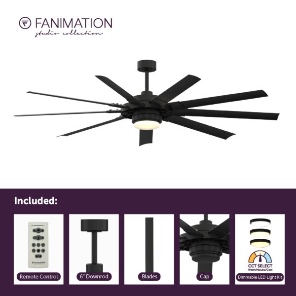 Fanimation Studio Collection Slinger v2 72-in Matte Black with Black Blades Color-Changing Integrated LED Fixture Indoor/Outdoor Downrod mount Standard Ceiling Fan With Light and Remote ( 9 -Blade) - Image 6