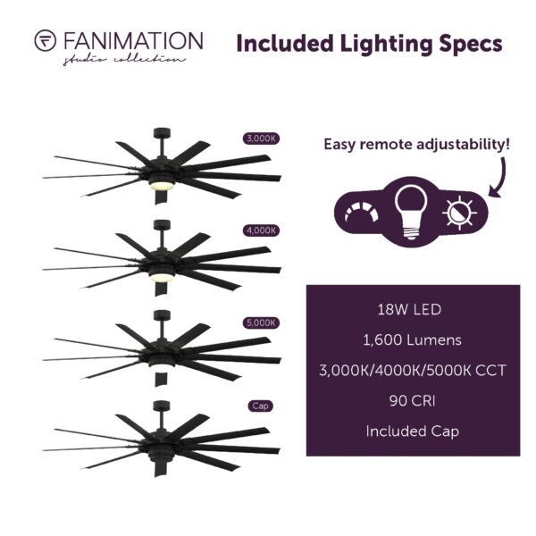 Fanimation Studio Collection Slinger v2 72-in Matte Black with Black Blades Color-Changing Integrated LED Fixture Indoor/Outdoor Downrod mount Standard Ceiling Fan With Light and Remote ( 9 -Blade) - Image 8