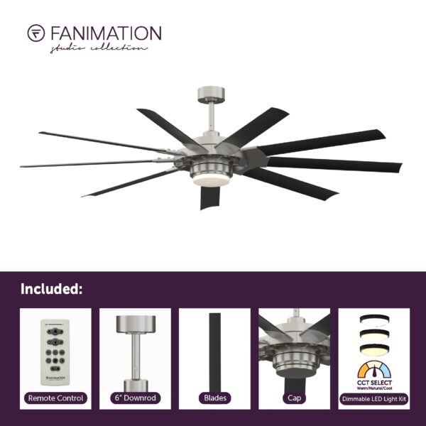 Fanimation Studio Collection Slinger v2 72-Inches Brushed Nickel and Black with Black Blades Color-Changing Integrated LED Fixture Indoor/Outdoor Downrod mount Standard Ceiling Fan With Light and Remote ( 9 -Blade) - Image 7