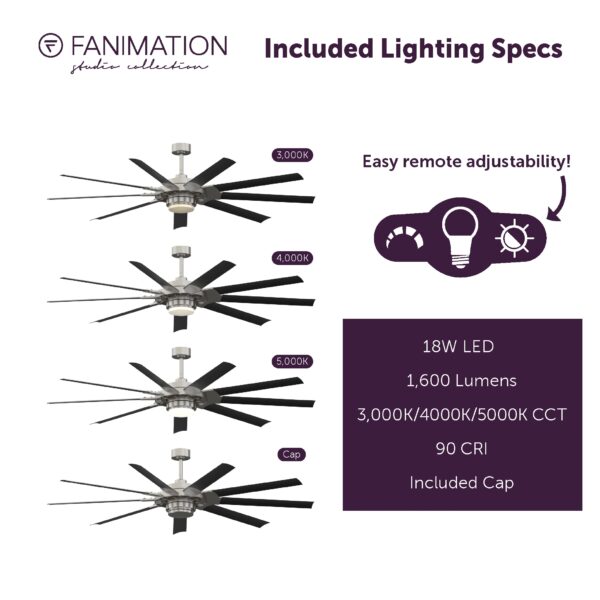 Fanimation Studio Collection Slinger v2 72-Inches Brushed Nickel and Black with Black Blades Color-Changing Integrated LED Fixture Indoor/Outdoor Downrod mount Standard Ceiling Fan With Light and Remote ( 9 -Blade) - Image 9