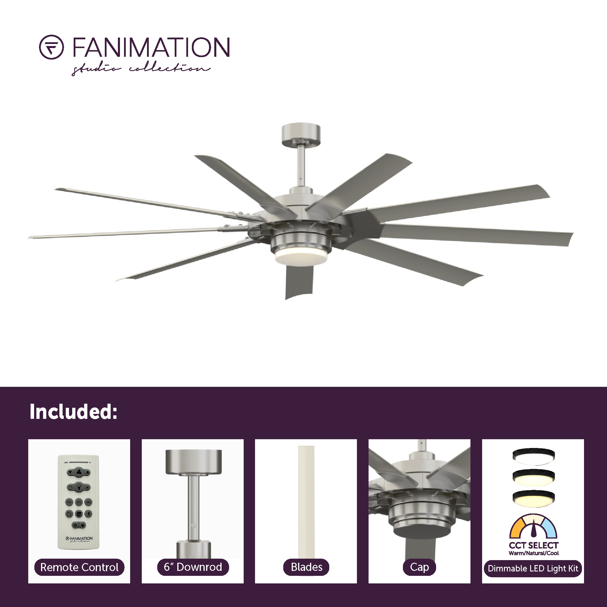 Fanimation Studio Collection Slinger v2 72-in Brushed Nickel with Gray Blades Color-Changing Integrated LED Fixture Indoor/Outdoor Downrod mount Standard Ceiling Fan With Light and Remote ( 9 -Blade) - Image 6