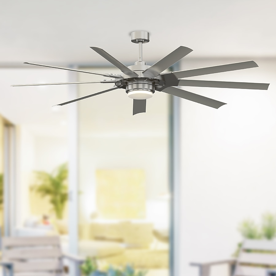 Fanimation Studio Collection Slinger v2 72-in Brushed Nickel with Gray Blades Color-Changing Integrated LED Fixture Indoor/Outdoor Downrod mount Standard Ceiling Fan With Light and Remote ( 9 -Blade)