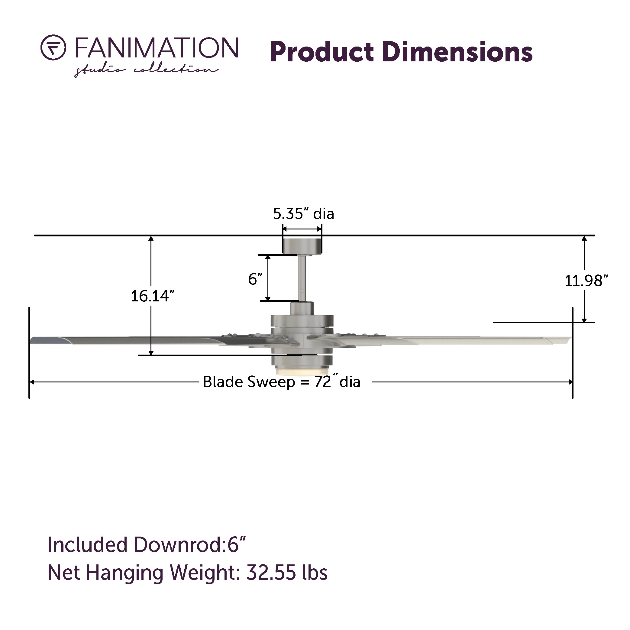 Fanimation Studio Collection Slinger v2 72-in Brushed Nickel with Gray Blades Color-Changing Integrated LED Fixture Indoor/Outdoor Downrod mount Standard Ceiling Fan With Light and Remote ( 9 -Blade) - Image 10