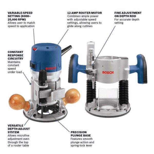 Bosch 1/4-in and 1/2-in 12.0000 -Amp 2.25 -HP Variable Speed Combo Fixed/Plunge Router Hard case - Image 3