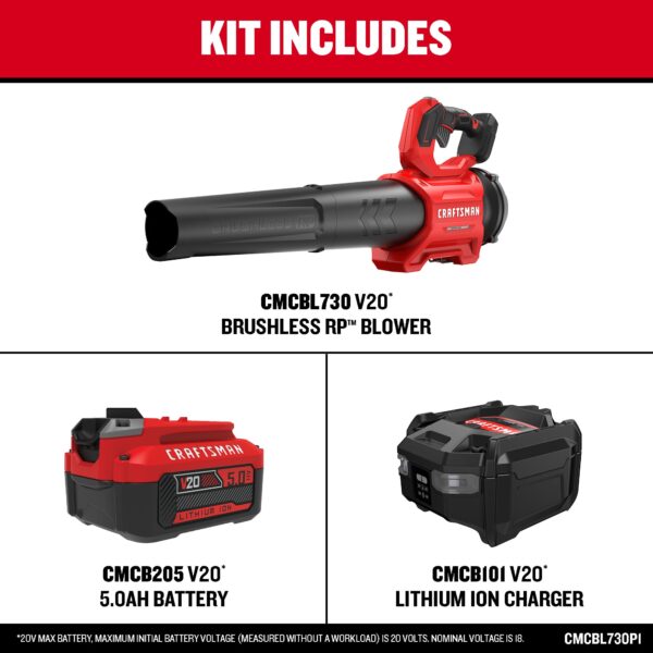 CRAFTSMAN V20 Brushless RP 20-volt Max 410-CFM 110-MPH Battery Handheld Leaf Blower 5 Ah (Battery and Charger Included) - Image 4